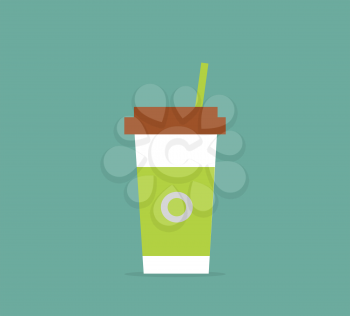 Disposable coffee cup icon with coffee logo and with the green label. Coffee to go. Vector illustration