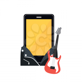 Phone in a black leather jacket. Music rocker with electric guitar instrument isolated on a white background in a flat style. Suit musician guitar player for smartphones. Vector illustration