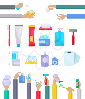Accessories and hygiene items. Human hands are holding a variety of accessories for the care toothpaste and toothbrush, toilet paper, razor, cream and ear sticks design flat. Vector illustration