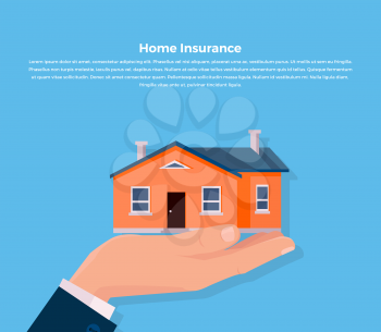 House insurance. Insurance agent keeps the house on the palm and buyer gives the money dollars. Vector illustration