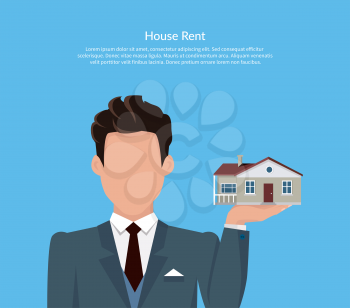 House for rent. Flat rent price design. Price and business, estate house, rental home building, property residential, deal and money, apartment search. Broker keeps house on palm. Vector illustration.