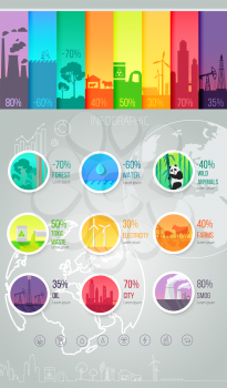 Infographic template for industry. Data information or report. World global indicators of forest and water, wildlife and tksicheskih waste, production of oil and harmful emissions. Vector illustration