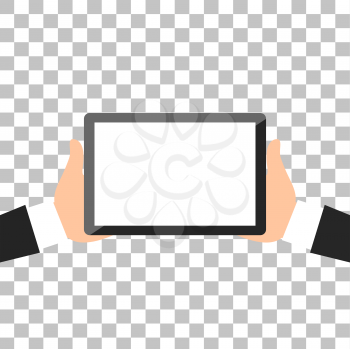 Hands holing tablet computer with white blank screen. Using digital tablet pc flat design. Vector illustration