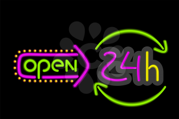 Neon sign open round the clock on a black background. Bright neon signboard text open glowing lines night cafes or bars, disco clubs isolated on background flat style design. Vector illustration
