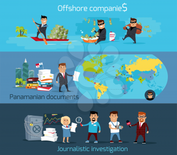 Offshore companies, panamanian documents, jornalistic inestigation. Panama papers folder document.  Tax haven offshore company business people owners. Taxes are levied at low rate. Vector illustration
