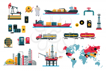 Set of icons concept of oil design. Oil technology industry business, and energy power fuel production drilling and, transportation ship tanker lorry and train flat style. Vector illustration
