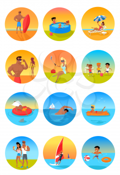 Summer holidays color icons with people. Collection of summer vacation on the situation, isolated in a circle. Beautiful woman and a man, a holiday romance and active leisure. Vector illustration