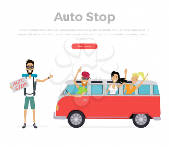 Group of young people traveling in vintage bus. Autostop concept isolated on white background. Camper van. Man with a sign stands and catches passing transport. Vector illustration