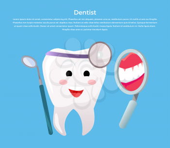 Concept of Dentistry Banner Poster. Cartoon tooth with dental instruments looking in the mirror for happy smile design flat style. Medicine stomatology placard with space for text vector illustration