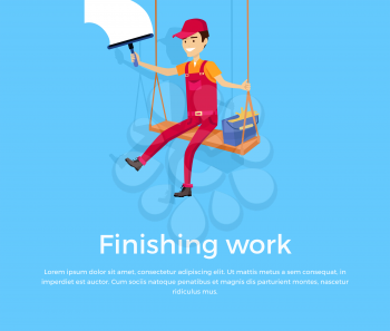 Finishing work design banner concept flat style. Construction finished work climber isolated on a blue background. Renovation and repair finish, job success done building, vector illustration