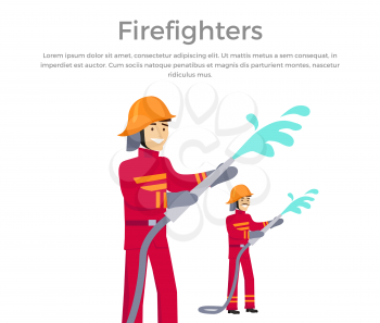 Firefighters team people group flat style. Fireman firefighters in uniform and a helmet to pour water from a hose. Vector illustration