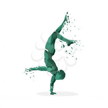 Geometric particle run dance people. Colored geometric particles in the form of people who are jumping run, tantsuyu and standing on one hand. Sport athletes. Vector illustration