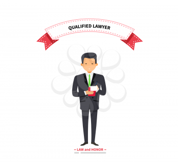 Qualified lawyer man warranty and reliability. Lawyer and attorney, legal businessman, confident lawyer, manager man, job professional executive. Vector illustration
