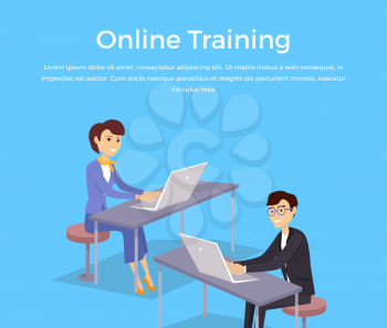 Online training banner design concept. Man and woman sitting with laptops and remotely study. Online training and education with technology network internet for business, vector illustration