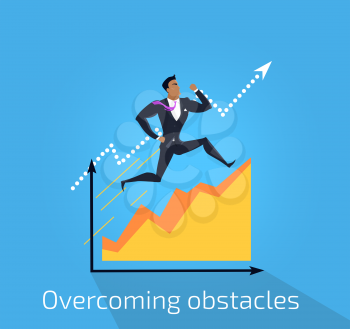 Overcoming obstacles banner design flat concept. Successful young businessman climbing up the schedule chart overcoming obstacles. Conceptual poster business development. Vector illustration