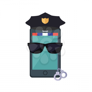 Phone protection design concept. flat style. Smartphone dressed in a police cap in black glasses with handcuffs. Protection of mobile phone and security digital access web, vector illustration