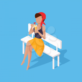 Recreation woman on bench with juice. Beautiful attractive young girl sitting on a bench and rest drinking juice through a straw. Relax female sitting with cocktail isolated. Vector illustration