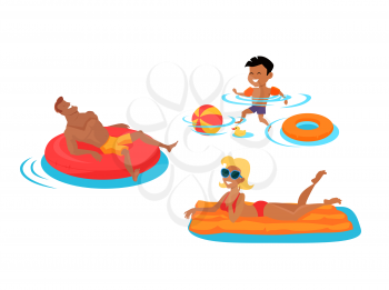 Happy family bathing in the sea. Dad lies on an inflatable circle. Mom floating on a mattress in the sea. Son bathing in the water. Happiness, holiday and cheerful swimming people, vector illustration