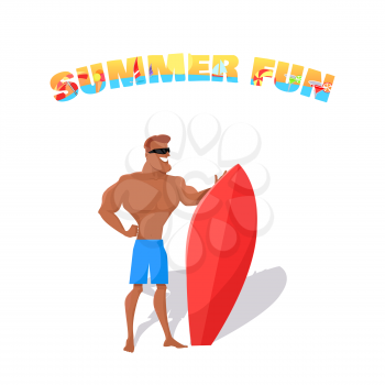 Summer fun banner concept design flat style. Young happy handsome guy with a surfboard isolated on white backfround. Summer vacation holiday and surfboard sport lifestyle, vector illustration