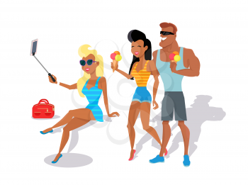 People relax in the summer isolated on white background. Cute girl in black glasses makes selfie. Loving couple eating ice cream. Summer person young and happy relax isolated. Vector illustration