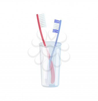 Toothbrushes in plastic glass on white background. Vector illustration