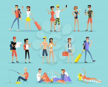 People vacation set man and woman flat design style. People on vacation couple man and woman. Sunbathing on a lounger, sitting around a campfire, fishing and mountain walks. Vector illustration