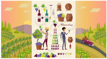 Winemaking design concept and icon set. Grape for wine, drink alcohol vine and glass bottle for winemaking, winery beverage barrel, viticulture production and preparation, vector illustration
