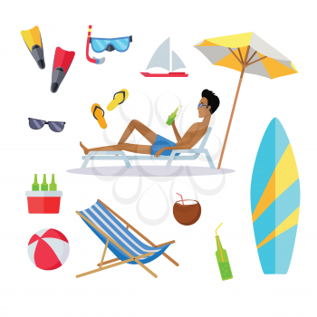Accessories for the summer holidays design flat. Ball for beach volleyball, life buoy and flip-flops, sunglasses and inflatable ice cream man isolated on white background. Vector illustration