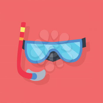 Blue mask and red tube for diving with snorkel isolated on red background. Vector illustration