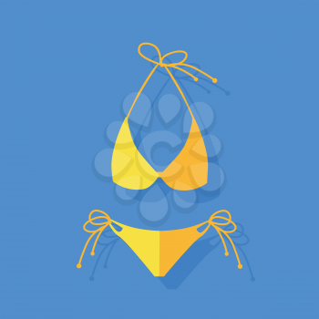 Female yellow swimsuit sexy sensual bikin isolated on blue background. Fashion cloth vacation accessory. Vector illustration