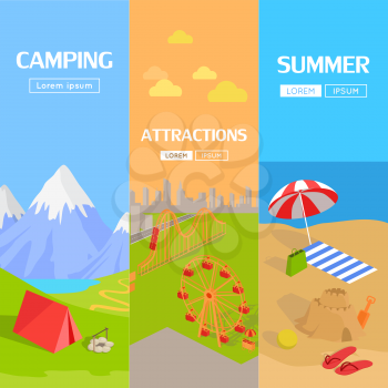 Holiday amusement park spend vacation. Relax on beach, mountain tourism and walk in park attractions. Vector illustration