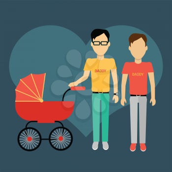 Father gay with a baby carriage banner design flat. Parents homosexual walking with baby in baby carriage. Daddy young happy with toddler, male and fatherhood, love and happiness, vector illustration