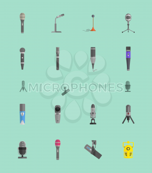 Microphone set design flat isolated icon, vintage microphone stand, sound media, record vocal musical web broadcasting microphone vector illustration