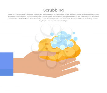 Scrubbing hand with soap and wisp design banner. Hand washing instructions and hygiene clea with soap and care, hand washing water scrubbing web page banner poster with text. Vector illustration