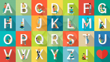 Alphabet vacation concept. Flat design. ABC vector with peoples on vacation. Simple letters and human resting characters collection. Summer leisure and entertainments illustrations. World trip.