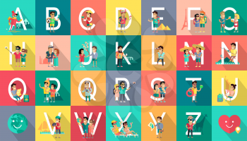 Alphabet mobile people illustration. Flat design. ABC vector with people using computer and mobile devices. Simple white letters and human character collection. Social network communication. concept.