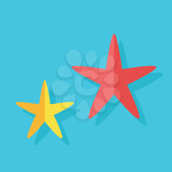 Two multi-colored cheerful cute starfishes on a blue background. Red and yellow cartoon starfishes in flat style. Vector illustration