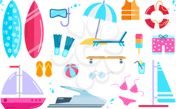 Variety of things for entertainment on beach and water in flat design. Surfboard mask, bal, cocktail, yacht fins, buoy, windsurfing, swimwear, lifejacket slippers, scooter vector illustration.