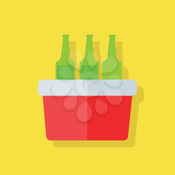 Portative beach freezer bag flat design icon. Picnic cooling lunch box isolated on yellow background. Small freezer-bag in red color with drinks. Vector illustration