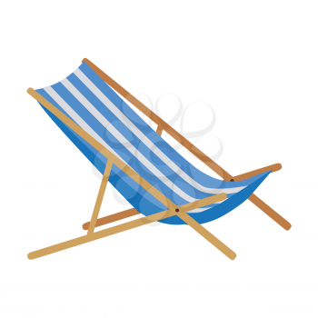 Flat design simple blue white stripes summer beach sunbed lounger chair wood isolated on white. Vector illustration