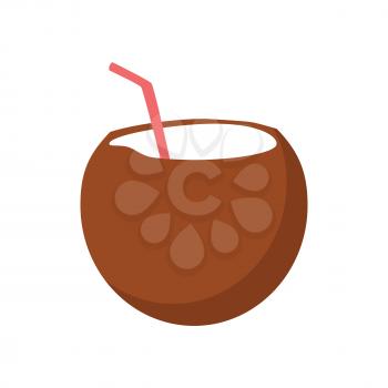 Fresh drinking coconut cocktail with a straw isolated on white background. Vector illustration