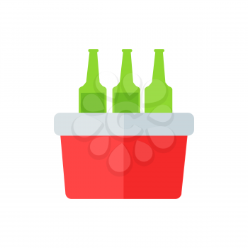 Portative beach freezer bag flat design icon. Picnic cooling lunch box isolated on white background. Small freezer-bag in red color with drinks. Vector illustration