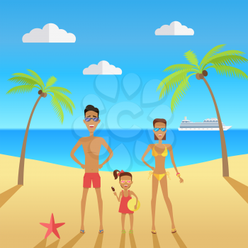 Happy family on beach during vacations. Father mother and daughter on the beach with palm trees near the sea. Vector illustration