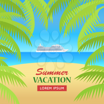 Summer vacation concept banner. Flat design vector illustration. Leisure on cruise ship in the ocean. Sunny beach, palm trees background. Holiday at seaside. Hot coast cruise. World trip on liner.