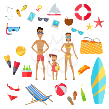 Accessories for summer holidays design flat. Ball for beach volleyball, life buoy and flip-flops, sunglasses and inflatable ice cream isolated on white background. Vector illustration. Family at beach
