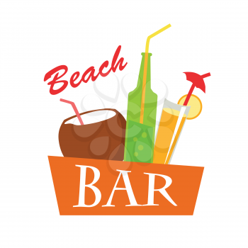 Beach bar vector flat illustration. Cold drinks for summer vacations set. Juice, coconut milk, cocktail, soda, isolated on white background. Refreshing coolness concept design.