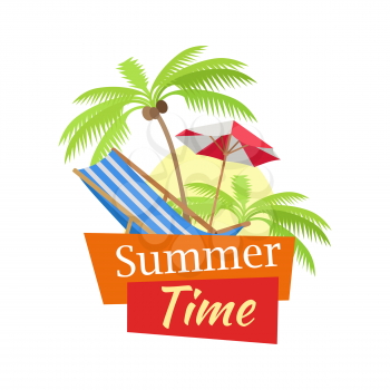 Summer time vacation concept vector illustration in flat style design. Beach chair, umbrella and palm trees with sun disc on background isolated on white.