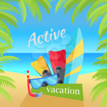 Summer vacation concept banner. Flat design vector illustration. Set of things for active rest on seacost. Diving mask, fins, surfboard on sunny beach background. Frame from palm branches on sides.