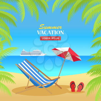 Summer vacation concept banner. Flat style design vector. Leisure on tropical sunny beach with palm trees. Beach chair, umbrella and palm trees with cruise ship on horizon illustration.