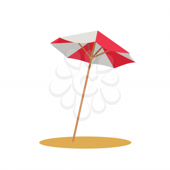 Beach red white umbrella with shadow. Sun parasol icon isolated. Vector Illustration
